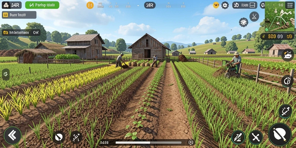 Tampilan gameplay <strong>34R</strong> dengan aktivitas pertanian yang menarik.