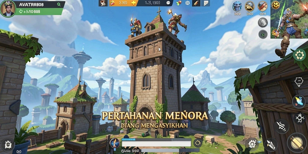 Tampilan gameplay AVATAR808 menampilkan pertarungan menara melawan gelombang musuh.