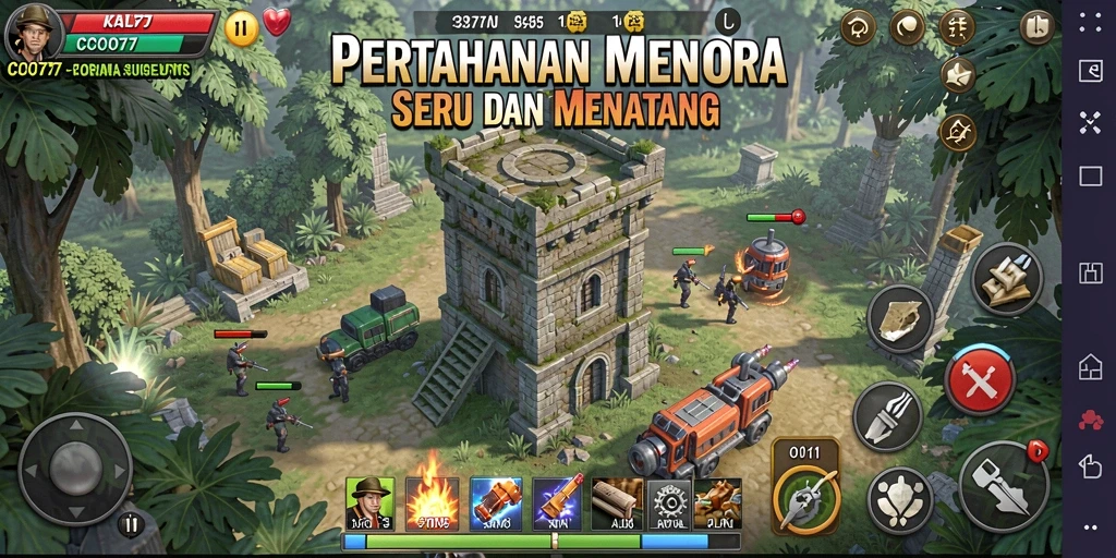 Screenshot utama COO77 menampilkan gameplay menarik dengan menara pertahanan aktif.