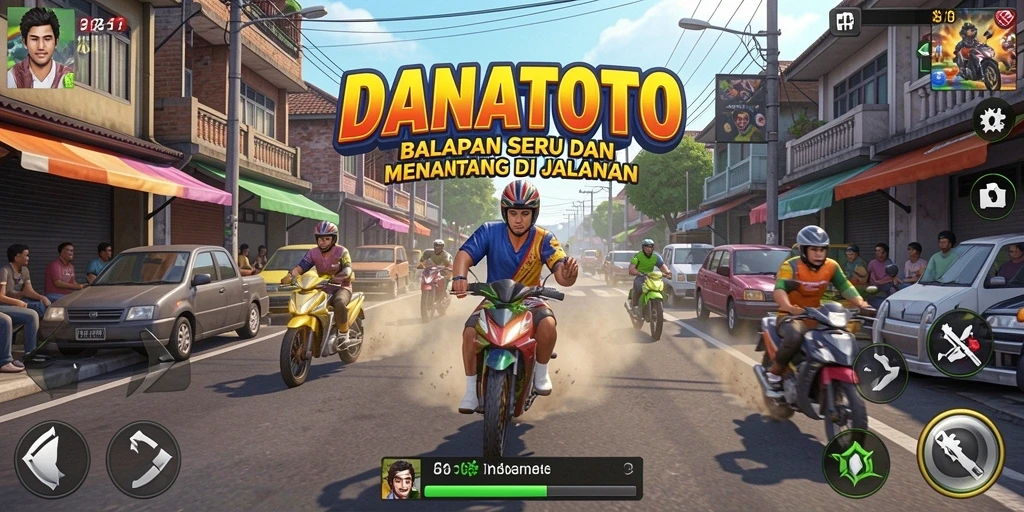 Screenshot gameplay DANATOTO menunjukkan aksi balapan yang mendebarkan.