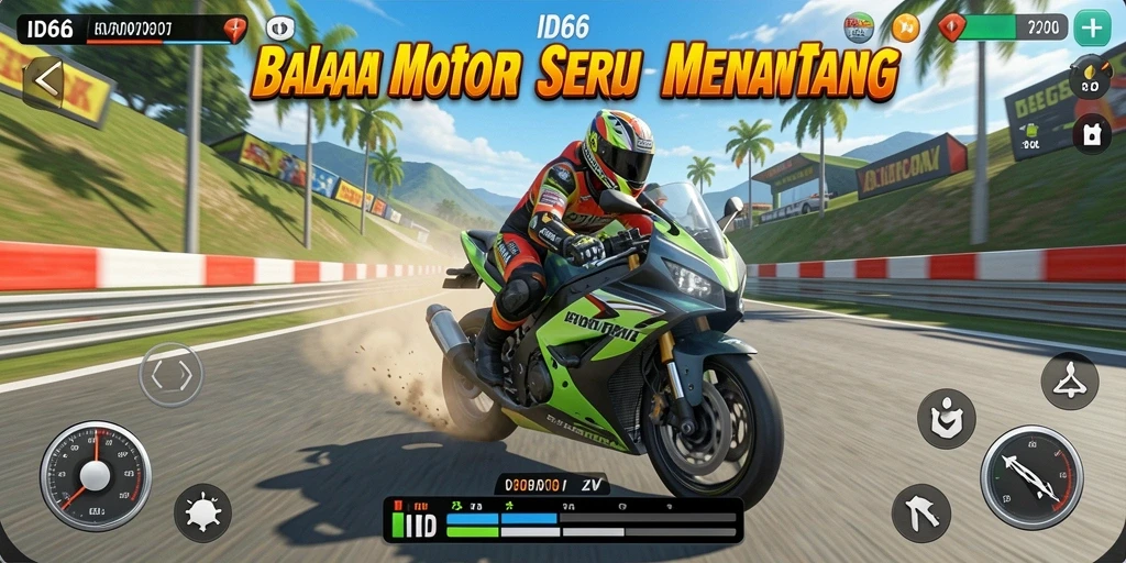 Gameplay seru ID66 dengan motor balap yang cepat.